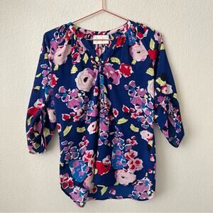 Yumi Kim Kira Floral Yumi Top Blouse royal blue tie sleeves buttons